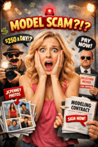 Awareness graphic showing common modeling scam tactics, used to educate aspiring models about safe and legitimate industry practices.
