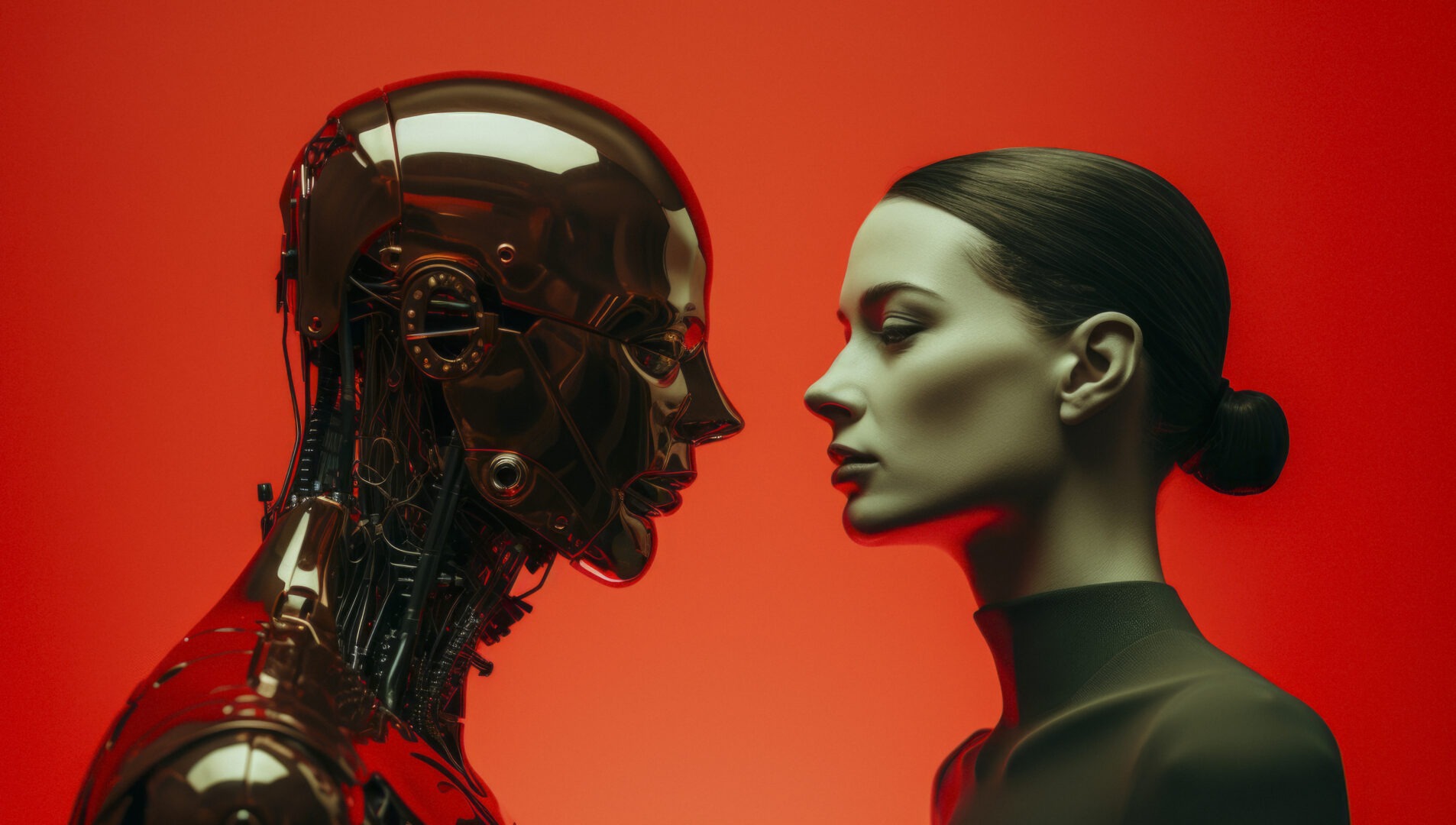 A hyper-realistic humanoid AI robot and a professional female model facing each other in profile against a red background, symbolizing the intersection of artificial intelligence and human modeling, digital doubles, and the future of AI-driven fashion and visual representation.